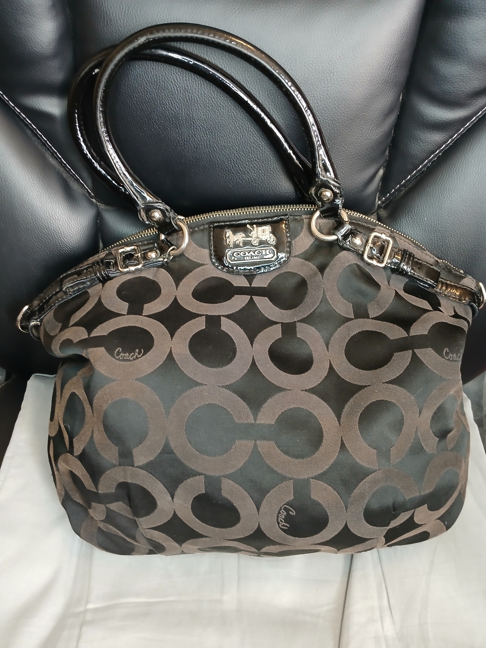 Coach Black and Grey Signature Canvas Satchel Bag